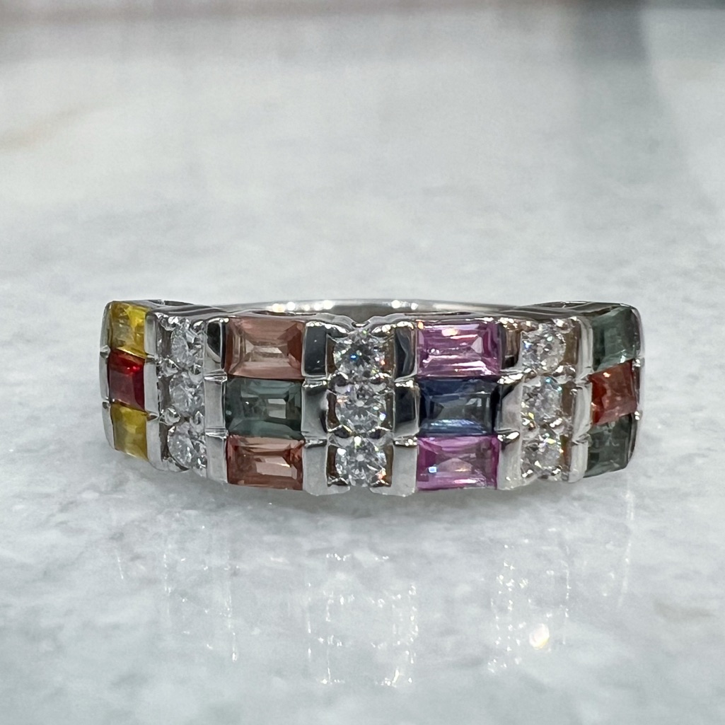 Multi Sapphire And Moissanite Sterling Silver Channel Set Ring Sz 7